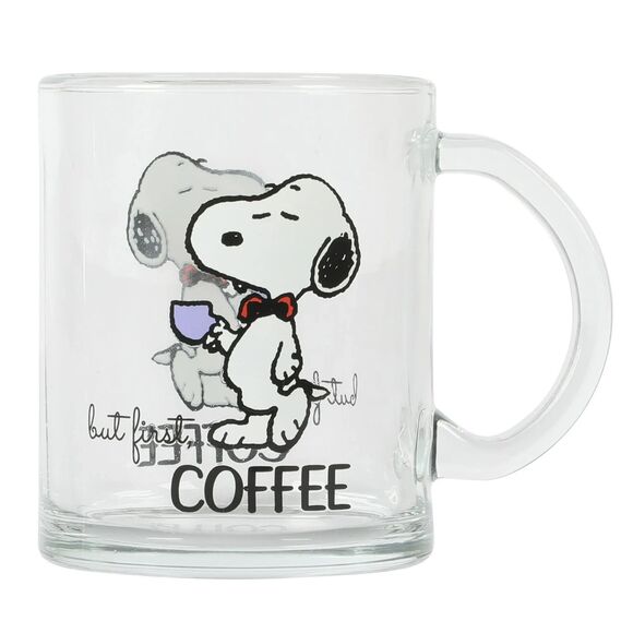 Peanuts Snoopy But First Coffee Clear Glass Mug 16.2 oz Large Cup Gift NEW - Picture 1 of 4